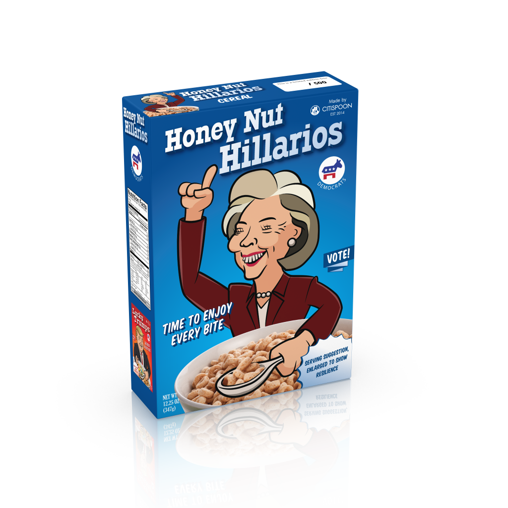 Lucky Trumps and Honey Nut Hilarious Presidential Candidate Cereal Boxes. 